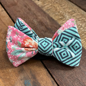 Pink Floral and Teal Squares Bow Tie